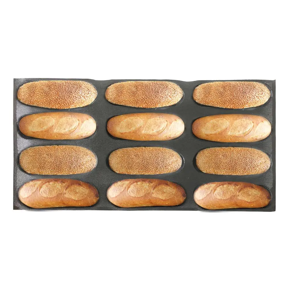 Bluedrop silicone hot dog bread form sandwich baking sheet oblong shape mold perforated fiberglass baking mould 9 inch 12 caves