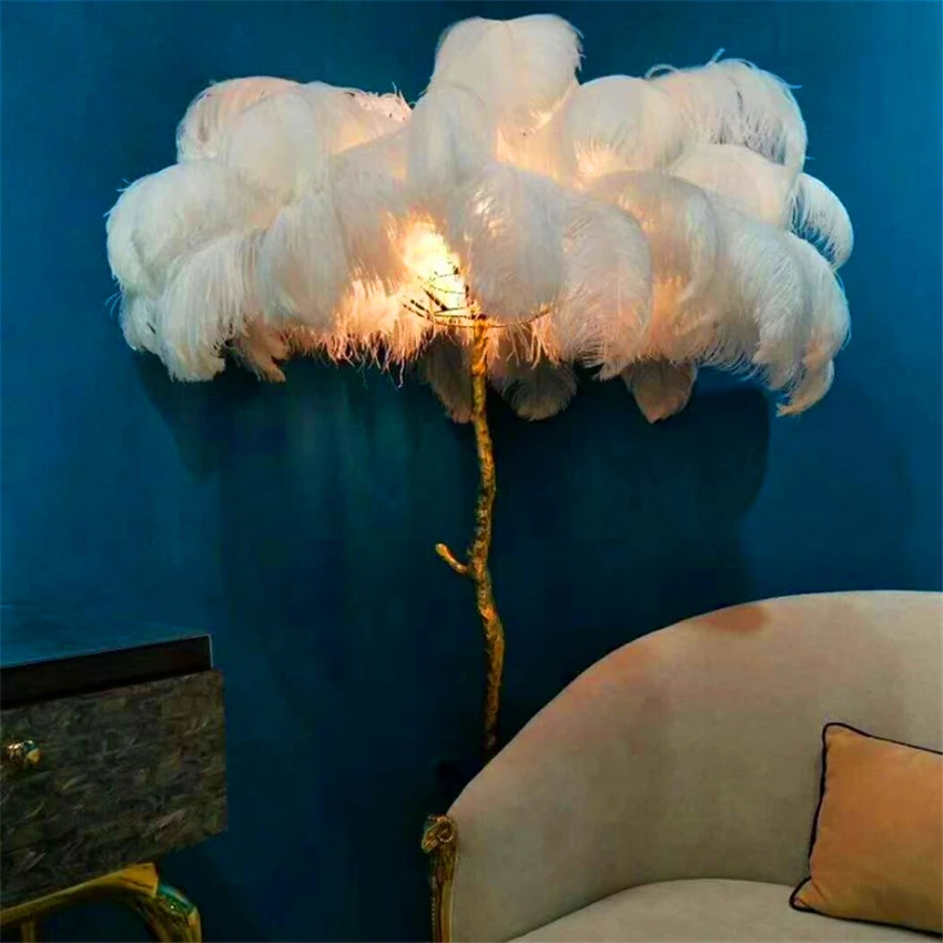 

Nordic Ostrich Hair LED Floor Lamp Bedroom Living Room Hotel Through Floor Lights Lighting Copper Standing Lamp Feather Fixtures