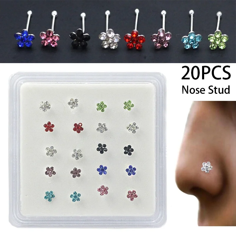 20Pcs/Box Body Nose Piercing Jewelry Nose Rings Nose Studs For Women Colored Crystal Flower Nose Nail Jewelry Wholesale