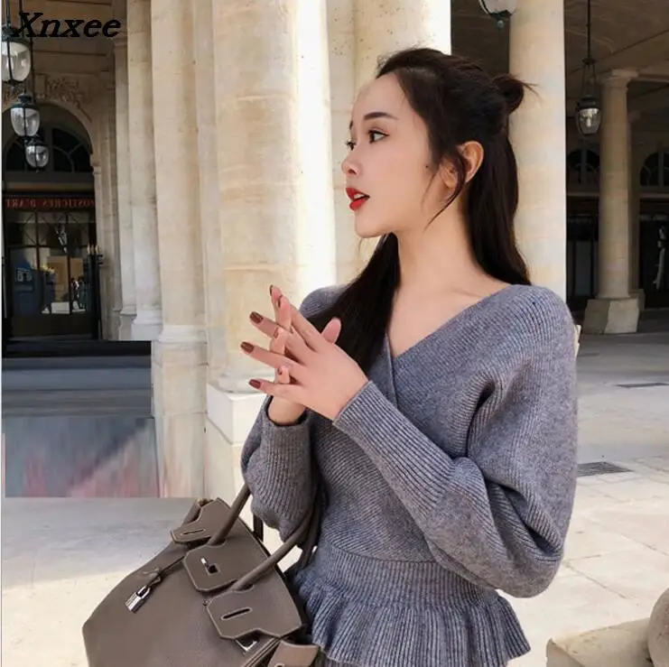 

Women's set knitting suit autumn winter ruffled sexy v-neck women sweater + elastic waist pleated skirt two pieces set Xnxee