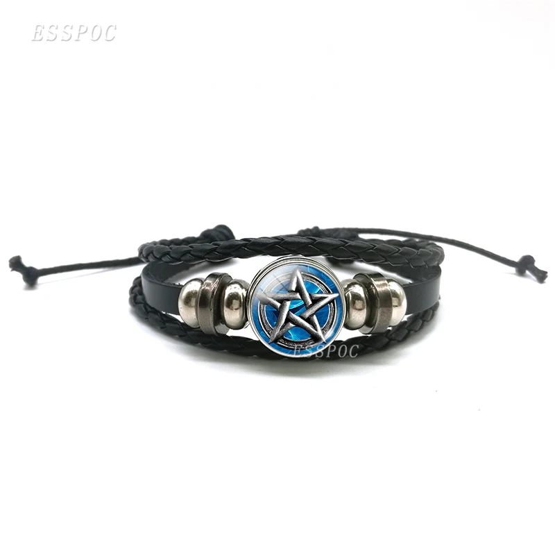 Black Occult Inverted Star Sign Leather Bracelet Pentagram Satanic Pentagram Star Symbols Glass Leather Bracelets Wo Men Jewelry