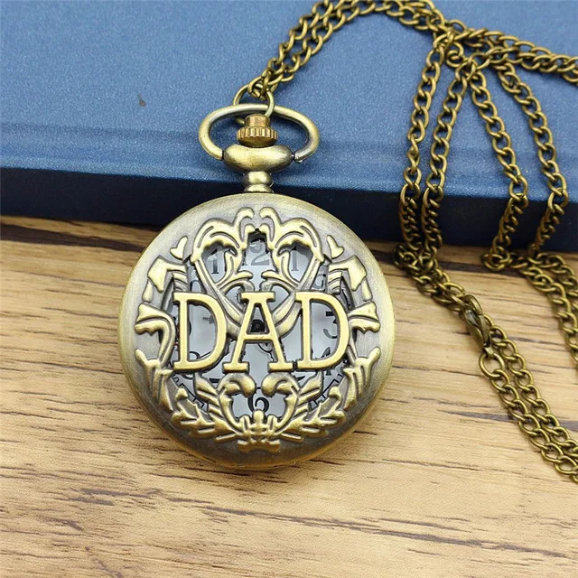 

Father's Day Gift DAD Theme Vintage Bronze Fob Pocket Watch With Necklace chain quartz watch Best Present To Father Daddy