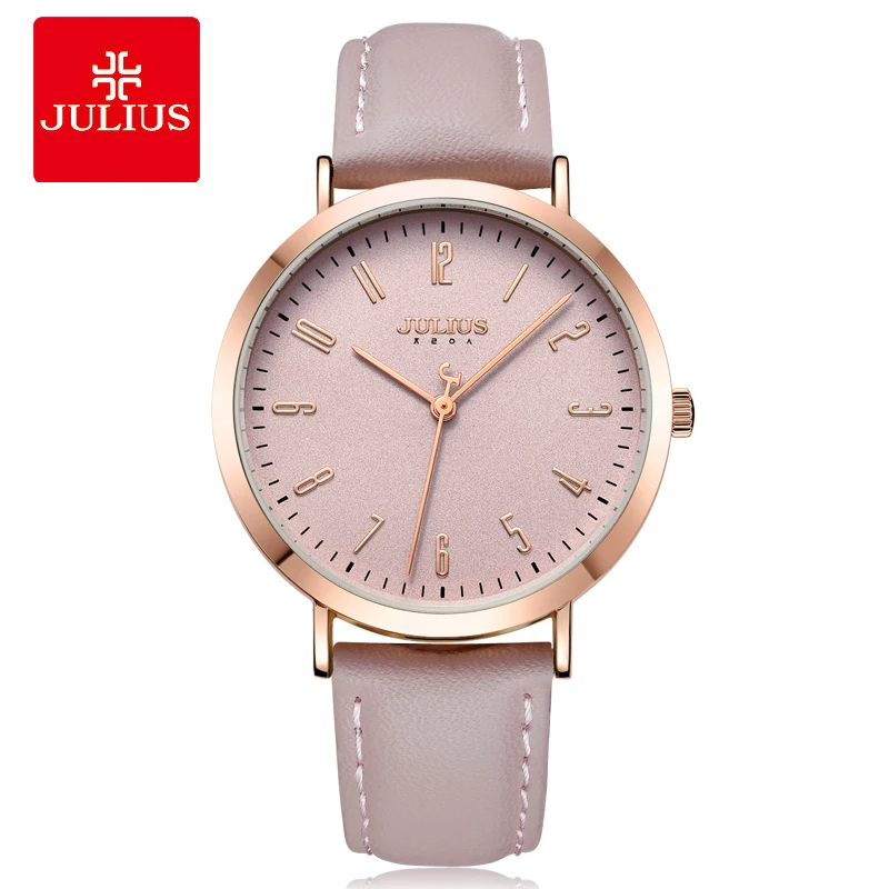 Julius Watch Brand New Original Designer Quartz Simple Women-watches Large Dial Pink Leather Strap Female Clock Montre JA-1017