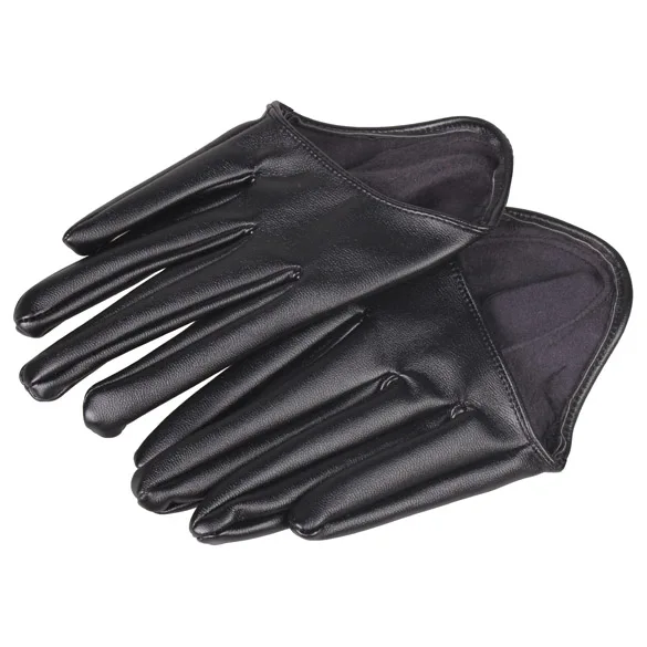 Guantes ajustados de media palma para mujer, cuero de imitación, cinco dedos, negro, moda caliente