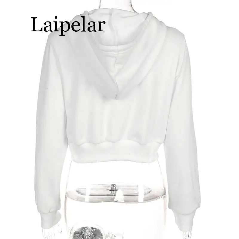 Laipelar Zip-up autumn winter women hoodies pockets slim crop jacket female clothes drawstring white sexy hoody cotton coats
