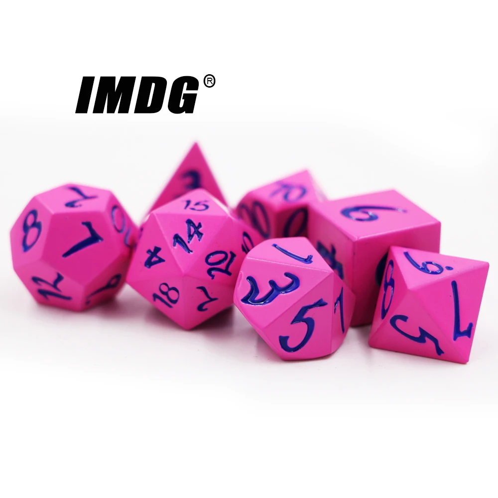 IMDG 7pcs/set Creative RPG Game Dice Polyhedron Metal Dice DND Large Font Rose Red Digital Game Dice