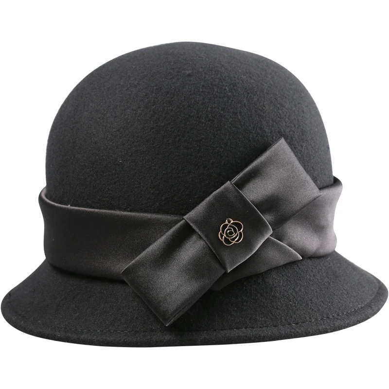 

Vintage Black Wool Felt Hat Women Bowler Derby Fedora Wide Brim Winter Floppy Hats Bowknot Cloche Cap Formal Ladies E012