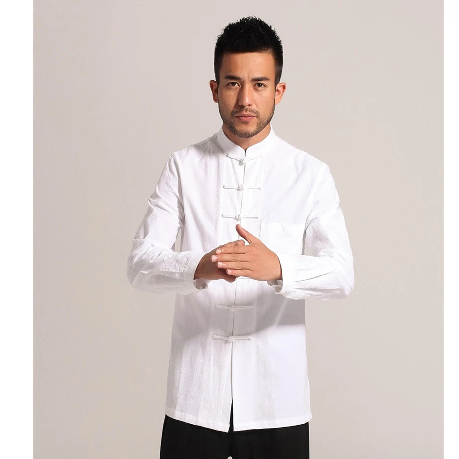 

White Men Cotton Linen Long sleeve Kung Fu Shirt Classic Chinese Style Tang Clothing Size S M L XL XXL XXXL hombre Camisa