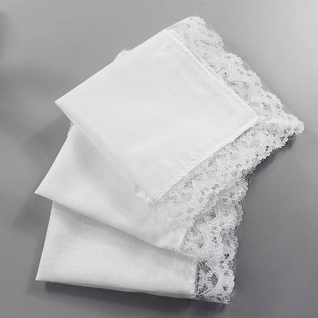 5 Pieces Ladies Embroidery Cotton Handkerchiefs Lace Border White Hanky for Wedding Party Banquet