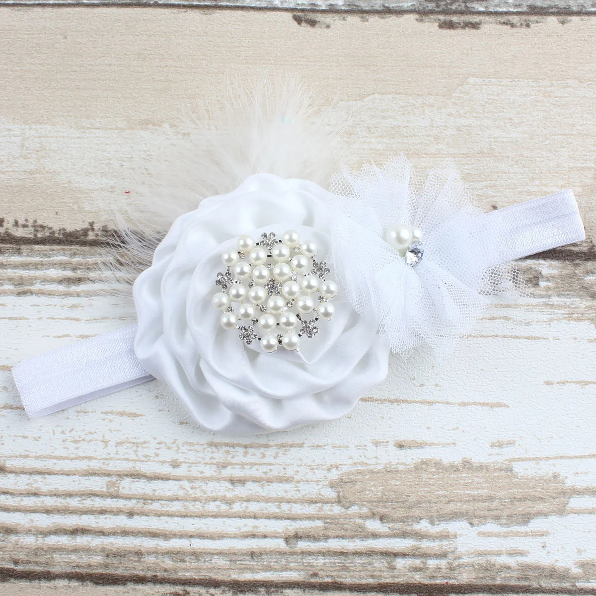 Diadema elástica con plumas para niña recién nacida, banda para el pelo con flores y perlas, accesorios para el cabello