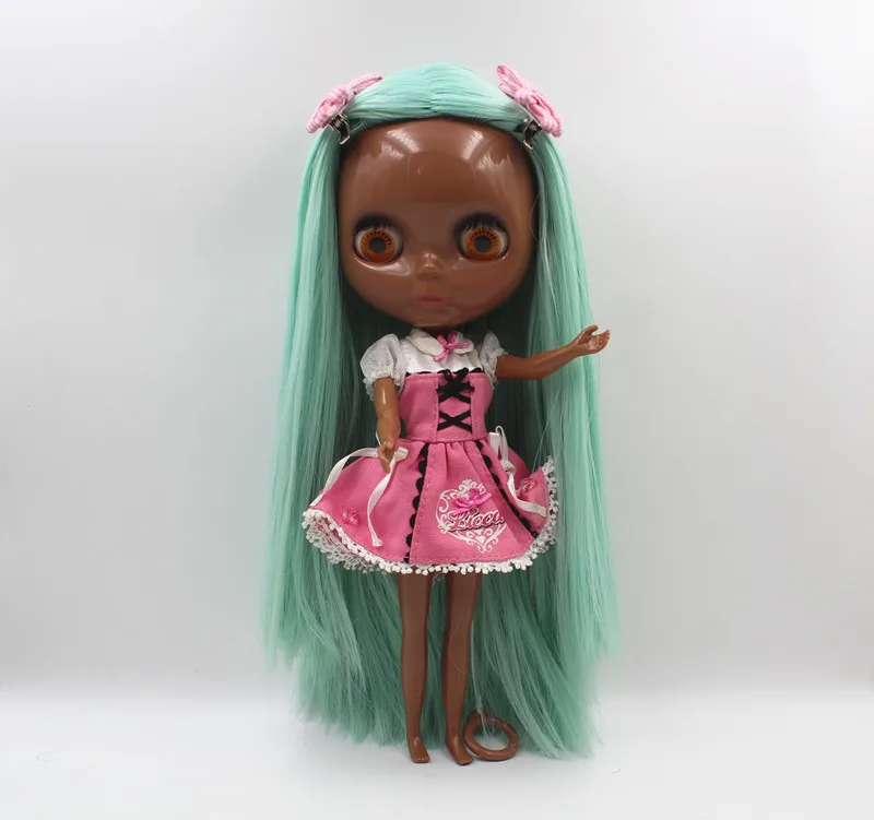 

Blyth doll Blygirl Light green straight hair deep black body nude doll body 7 joint body DIY doll can replace scalp new skin