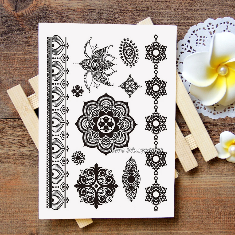 

Waterproof Metallic Gold Silver White Temporary Tattoo For Black India Henna Tattoo Love Flower Pattern #007