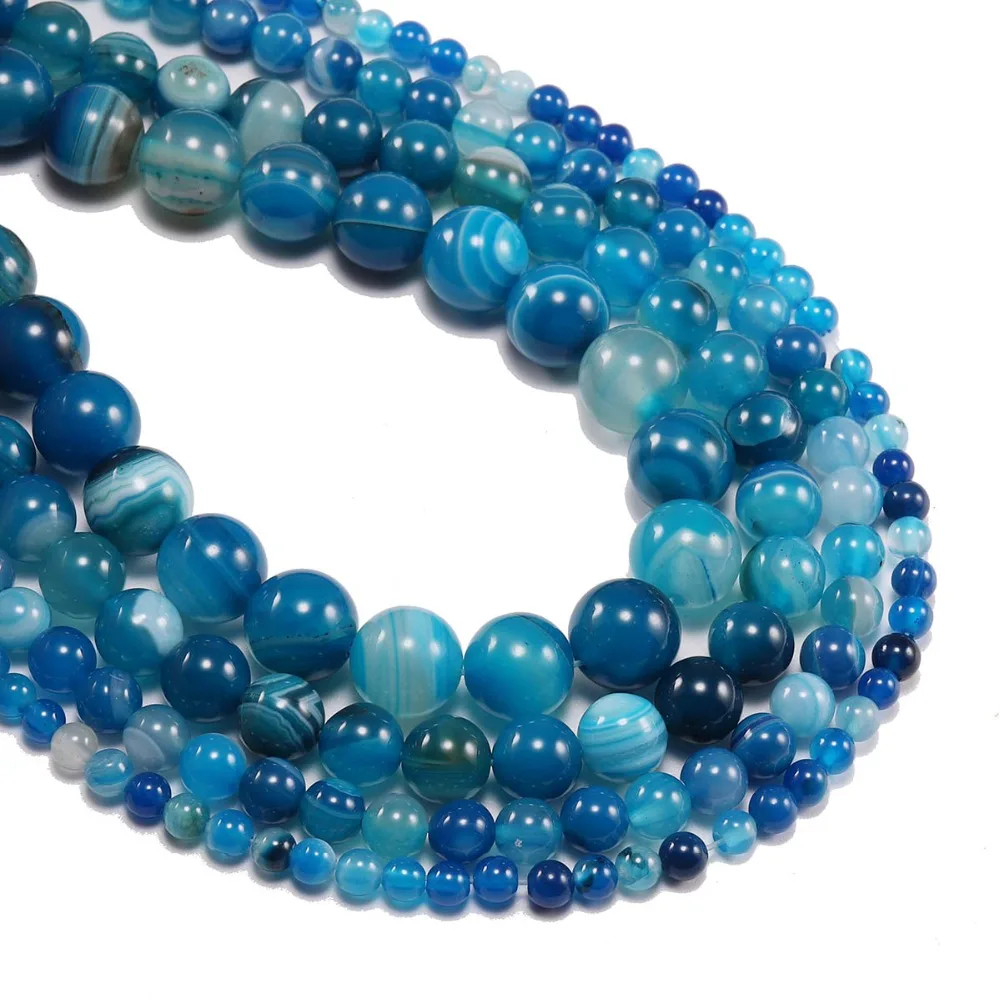 1strand/lot 4 6 8 10 12 mm Loose Beads Natural Blue Striped Agates Natural Stone Round Spacer Beads For DIY Jewelry Making Gift