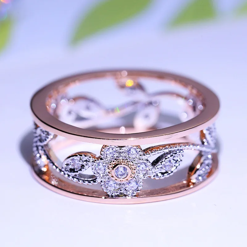 Flower Vine Leaves Ring Micro-inlaid AAA Zircon Double Layer Two-tone Ring Wedding Rings for Women Fashion Lucky Gift Jewelry