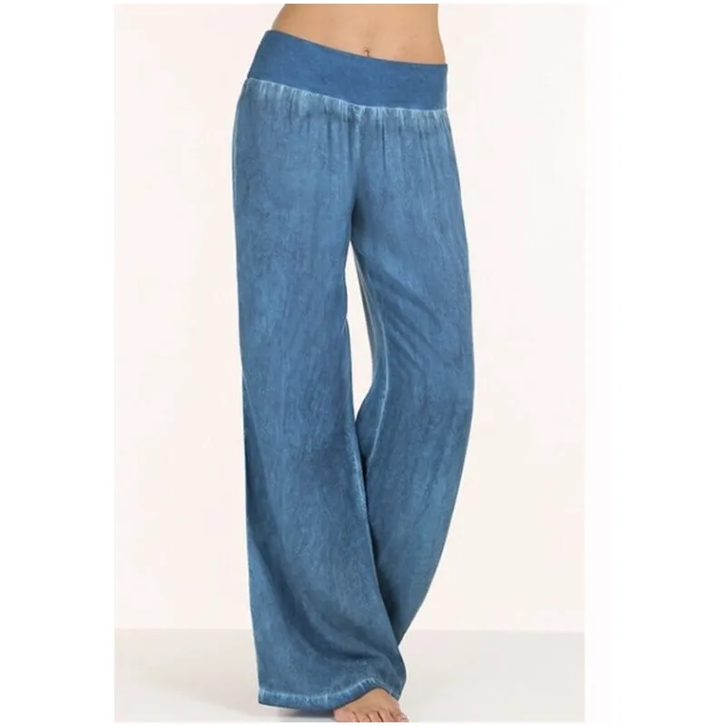 Plus Size S-5XL comfortable loose wide leg Imitation denim pants women\'s jeans Imitation elastic waist full long trousers pants