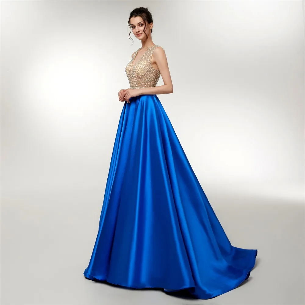 JaneVini – robe de bal de luxe en Satin bleu, ligne A longue, décolleté en V profond, sans manches, perles lourdes, dos transparent, Sexy, 2019