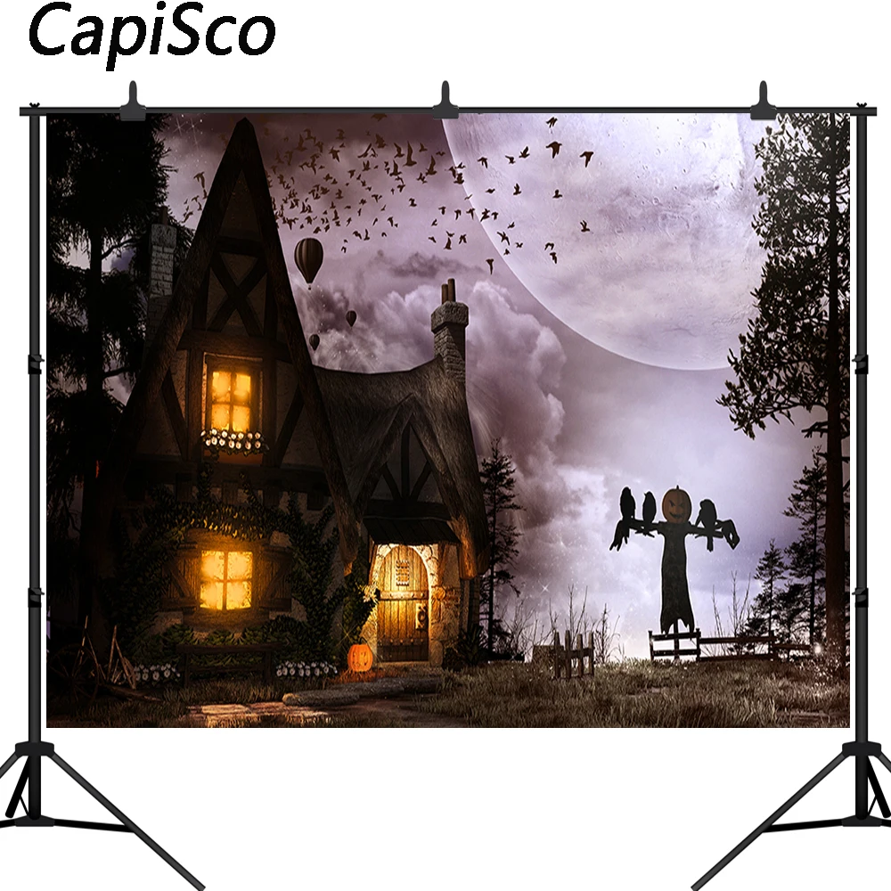 Capisco Halloween Photography Backdrop Scarecrow crow moon Pumpkin House Bats Background Photo Booth Props Backgrounds