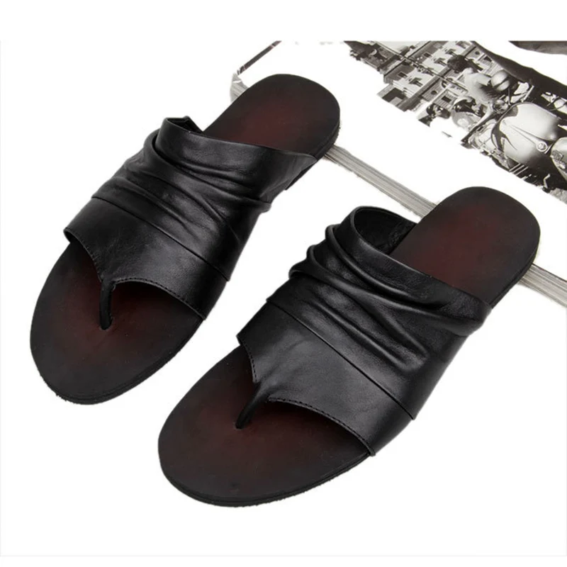 US-6-10 Men\'s Vintage Genuine Leather Casual Flip Flop Slippers Mature Man Beach Summer Outdoor Slides Shoes