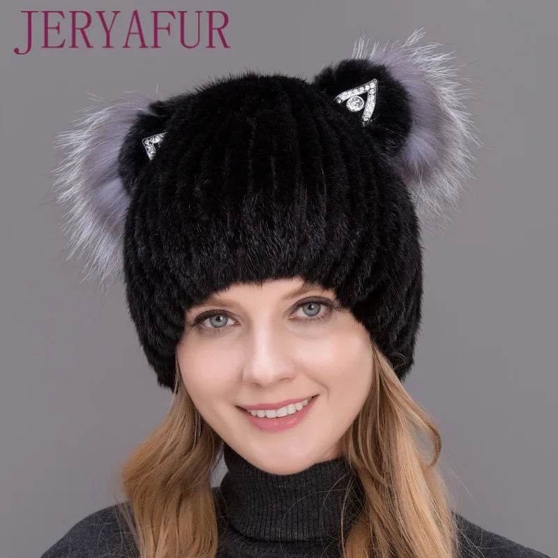 JERYAFUR Winter Women\'s Mink Hat Vertical Weaving Hat Genuine Natural Fox Mink Fur Cap Lovely Cat Ears Style Hats