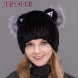 JERYAFUR Winter Women's Mink Hat Vertical Weaving Hat Genuine Natural Fox Mink Fur Cap Lovely Cat Ears Style Hats