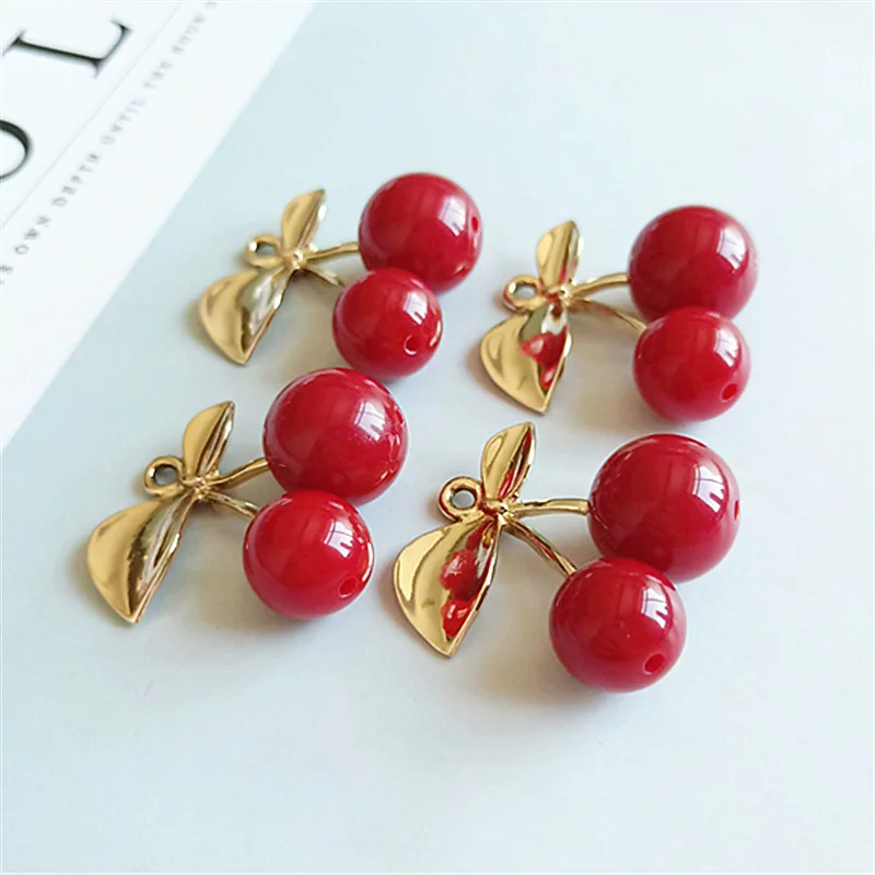 10pcs/lot Alloy Creative Gold Leaf Red Cherry Pendant Buttons Ornaments Jewelry Earrings Choker Hair DIY Jewelry Accessories