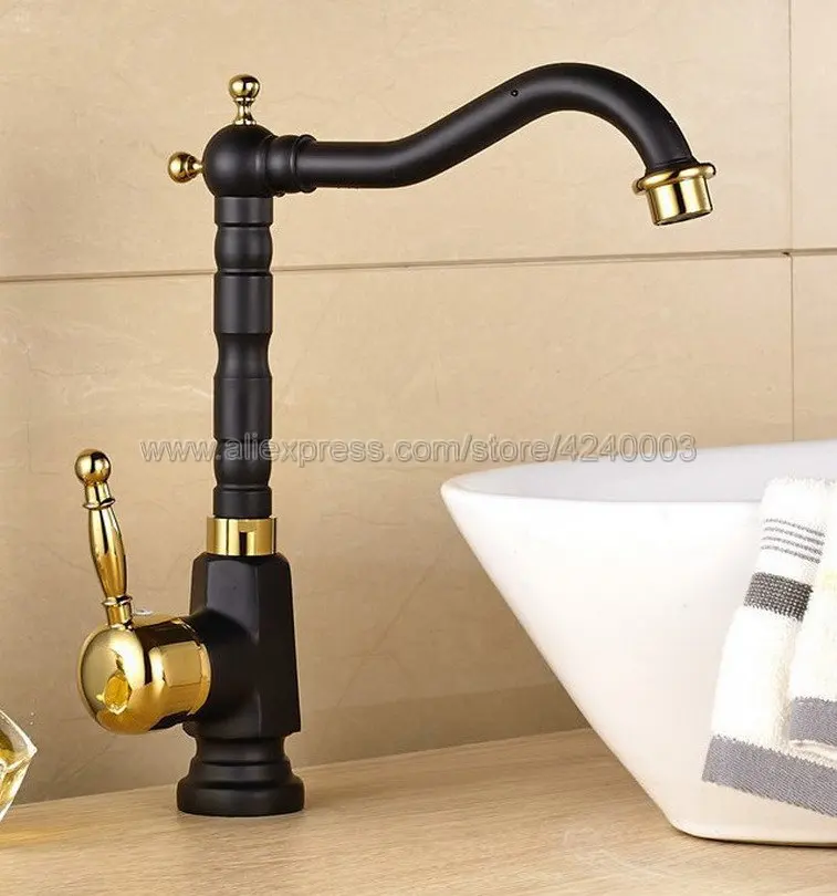 Black Ol Rubbed Bronze & Gold Brass Swivel Singe Handle Bathroom Basin Kitchen Deck Mounted Sink Mixer Tap Knf807