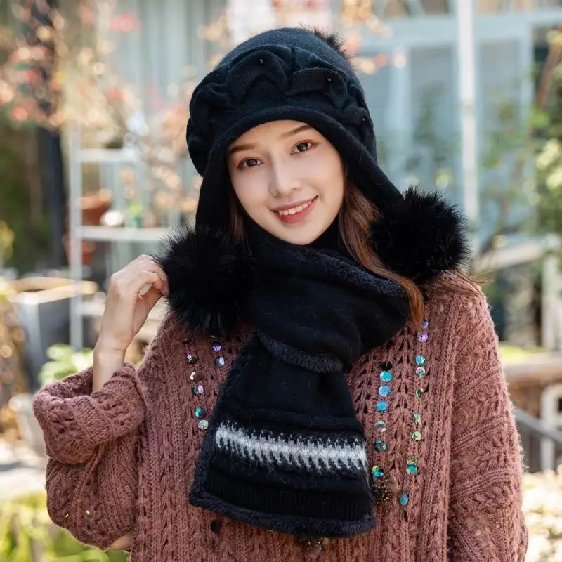 Kagenmo All-Match Female Winter Hat Fashion New Year Gift Rabbit Fur Scarf Winter Knit Keep Warm Cap