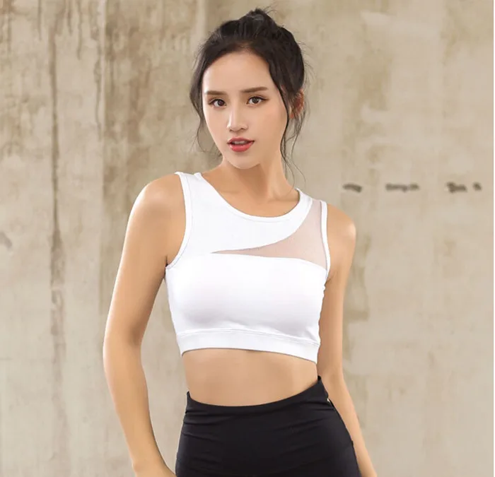 Sexy mesh patchwork yoga bra women quick dry outdoor sports running shirt sleeveless fitness gym crop top womens vest training