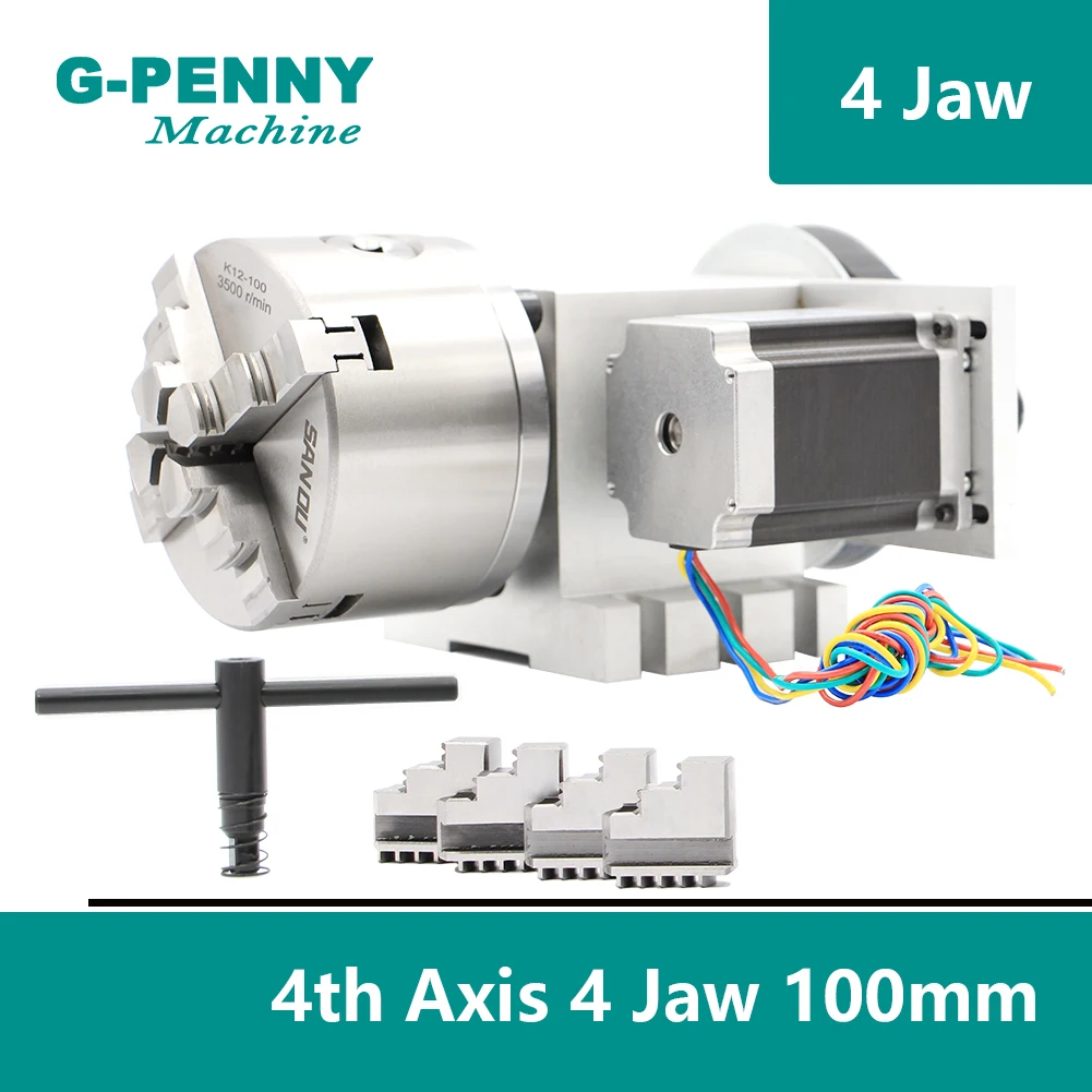 4Jaw100mm 4th Axis CNC dividing head/Rotation 6:1 Axis/A axis kit with nema23 stepper motor for CNC router woodworking engraving