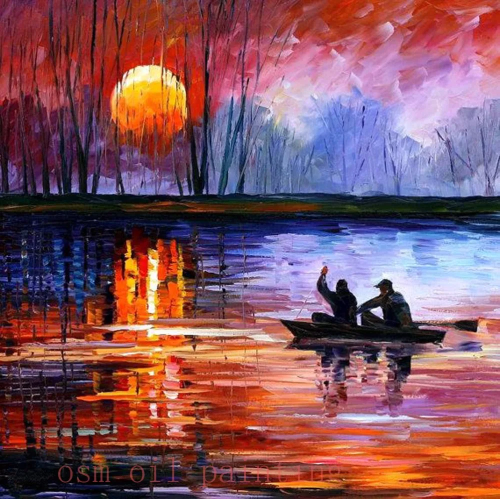 Handmade Landscape Paints Fishing on the Lake Palette Knife Oil Painting on Canvas 100%Hand Painted Dusk Sunset Glow Art Picture