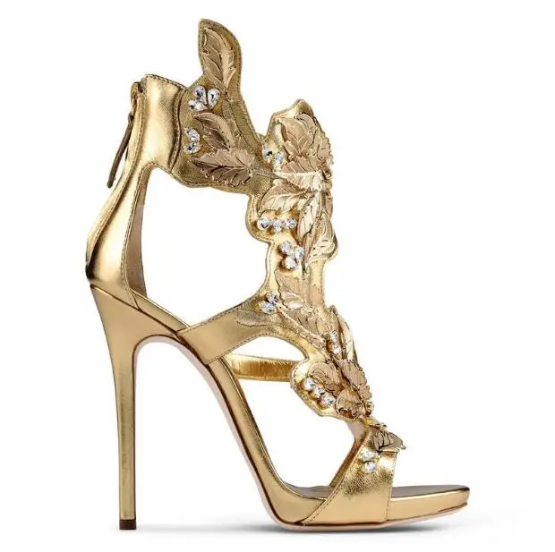 Luxury women high heel sandals cutouts Summer footwear leaf decoration low platform gold runway party shoes bling bling sandals