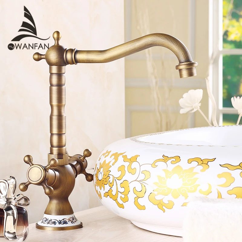 

Basin Faucets Antique Bronze Brass Bathroom Sink Faucet 360 Degree Swivel Dual Handle Kitchen Washbasin Mixer Taps WC Taps H-15