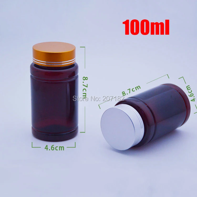 Bouteilles en PET ambre de 100ml, Capsules/pilules/poudre/vitamines, bouteilles en plastique pour médicaments, bouchons métalliques à vis or/argent, 20 pièces