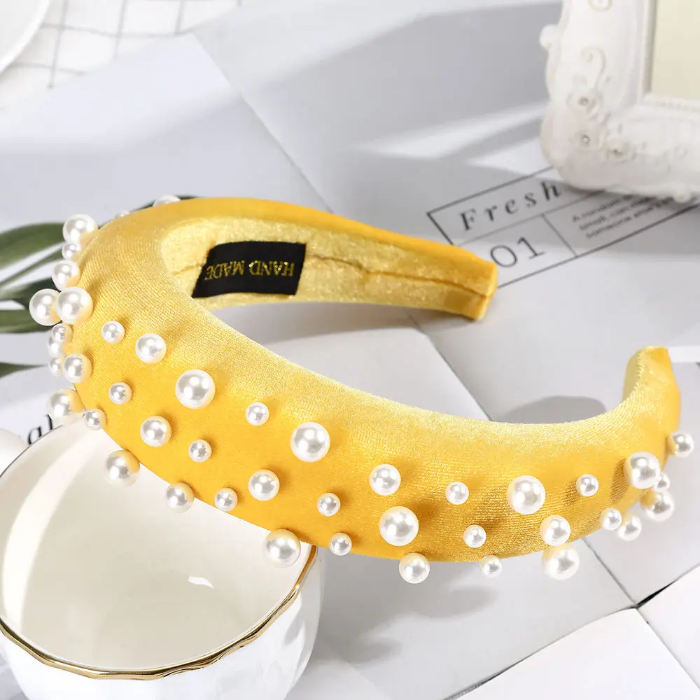 AWAYTR Pearl Headband Special Design Pearl Stone Velvet Hairbands Handmade Women Crown Sponge Thick Head Hoop for Girls