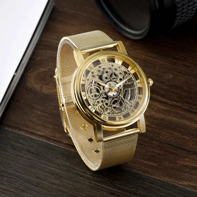 SOXY Luxury Skeleton Watch Men Watch Fashion Gold Watch Men Stainless Steel Clock Men\'s Watch reloj hombre relogio masculino