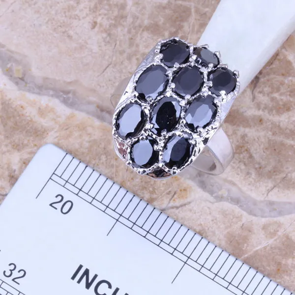 Black Cubic Zirconia Silver Plated Jewelry Sets Earrings Pendant Ring Size 5 / 6 / 7 / 8 / 9 / 10 S0013