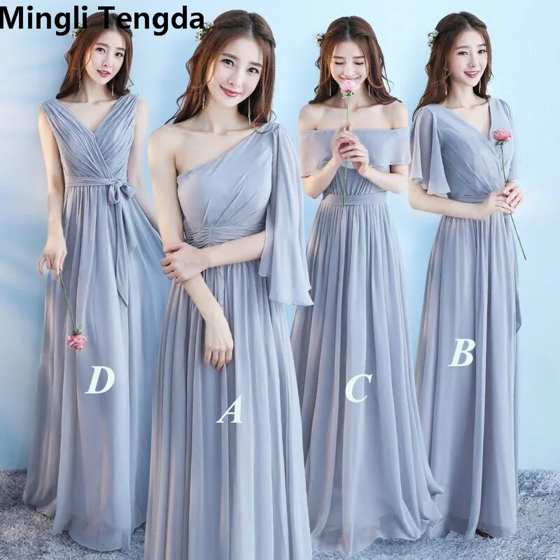 

Mingli Tengda Chiffon Bridesmaid Dress Wedding Party Dress Elegant Women Dress 6 Styles Long Bridesmaid Dresses Silver Gray New