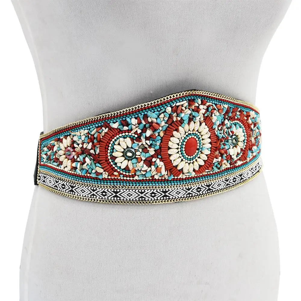 Boho Ethnic Girdle Waistband Colorful Bead Gravel Elastic Leather Moroccan Robe Belt Women Tibet Belly Body Chain Indian Jewelry