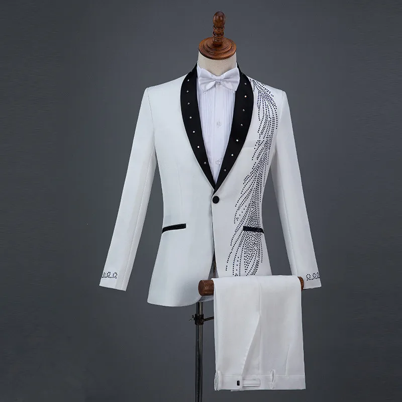 Male Crystals Slim Suits sets Flashing Diamond Blazers Singer Chorus Stage Outfit Prom Compere Master Performance Costumes