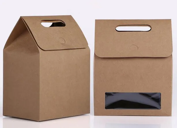 Hand Kraft Cardboard Gift Boxes With Window StandUp Paper Bag food container bag with handle 100pcs/lot Free shipping