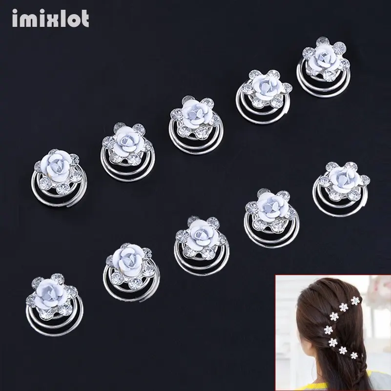 Imixlot 12pcs Bridal Crystal Pearl Flower Spiral Twist Hair Pins Clips Wedding Jewelry Bride Headdress Women Hair Accessories