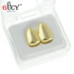 GUCY Double Caps Gold Color Plated Teeth Grillz Canine Plain Two Teeth Right Top Single Caps Grills Halloween Gift