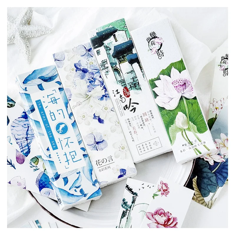 

30 Pcs/Set Sea Lotus Flower Watercolor Series Paper Bookmark Book Holder Message Card Promotional Gift Stationery