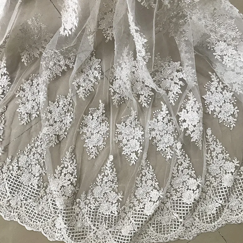 GLace 1Y/Lot  Off White beaded car bone lace fabric DIY Craft material clothing  dress transparent lace fabricTX186