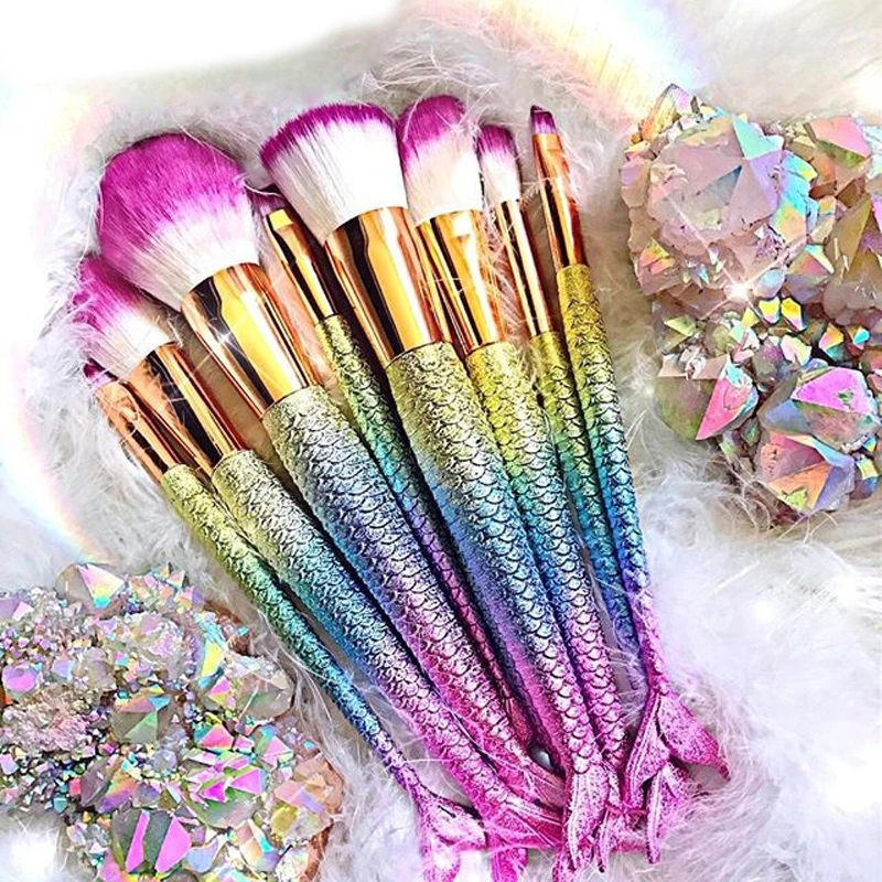 10PCS Mermaid Shape Makeup Brush Fish Scale Foundation Powder Eyeshadow Unicorn Makeup Brushes Contour Blending Cosmetic Brushes