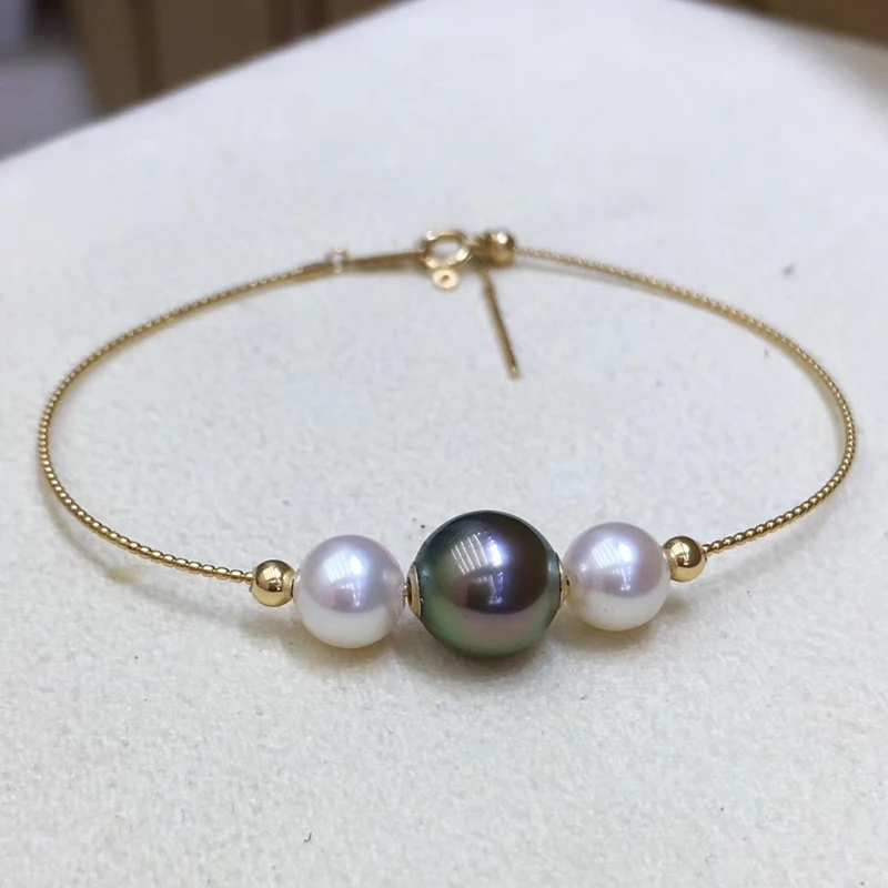 Sinya Natural Tahitian Black Pearls Moving Design Size Can Adjustable Au750 18k Gold Spring Bangles Braclet for Women Girl Mum