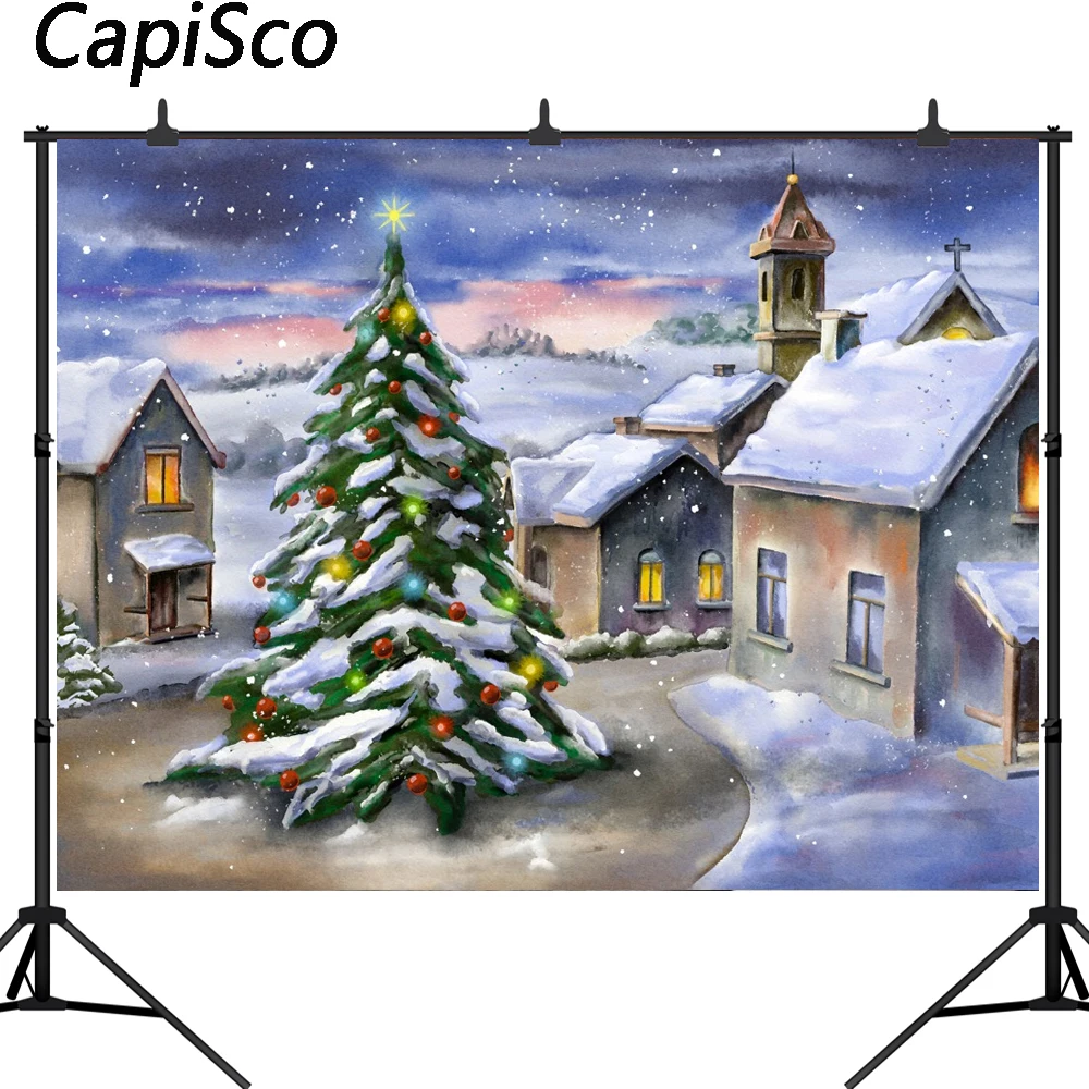 Фон для фотосъемки с изображением рождественской елки каписко для маленьких детей с изображением домов сосновых деревьев церкви зимнего снега