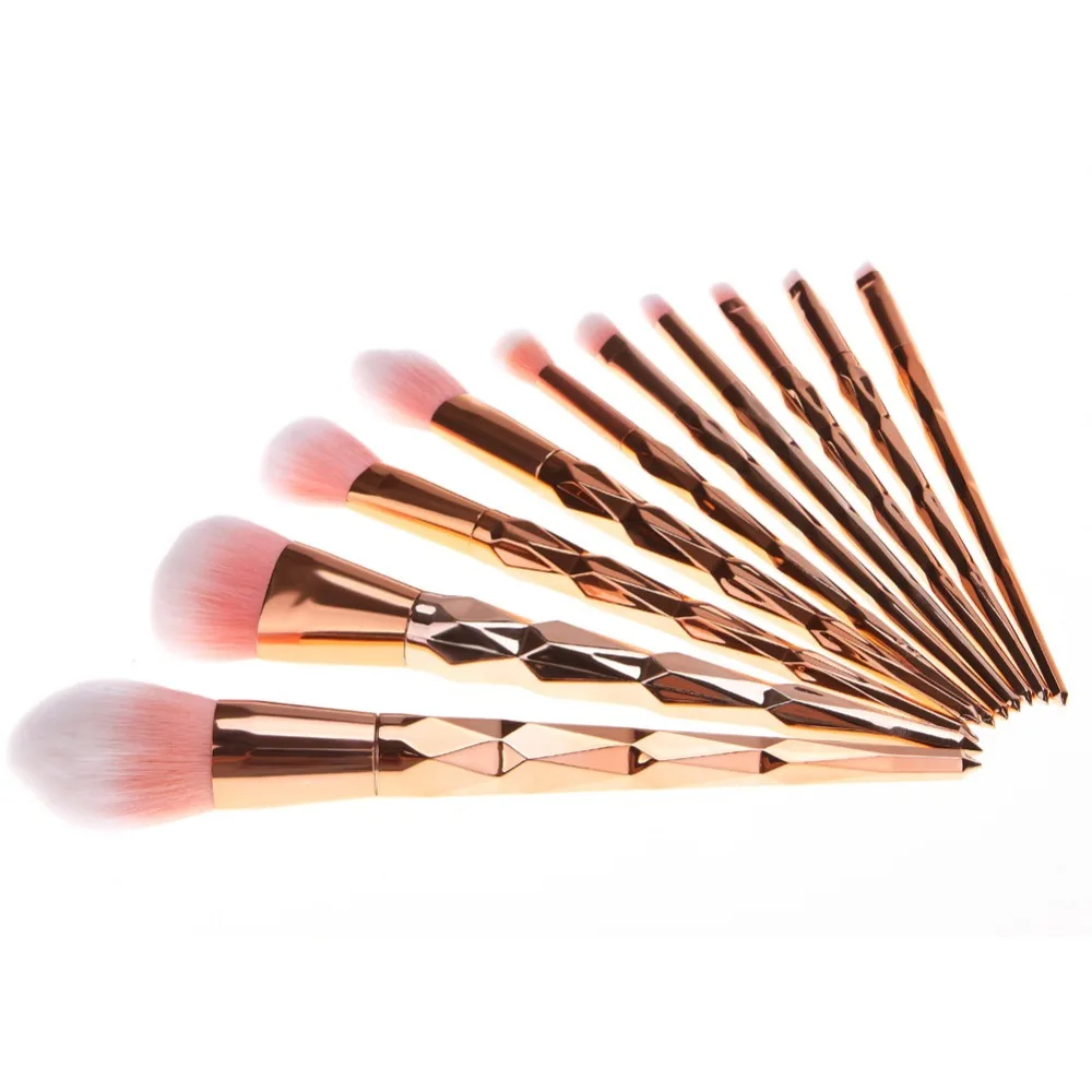 11Pcs Diamond Rose Gold Makeup Brushes Set Mermaid Fishtail Shaped Foundation Powder Cosmetics Brush Rainbow Eyeshadow Brush Kit