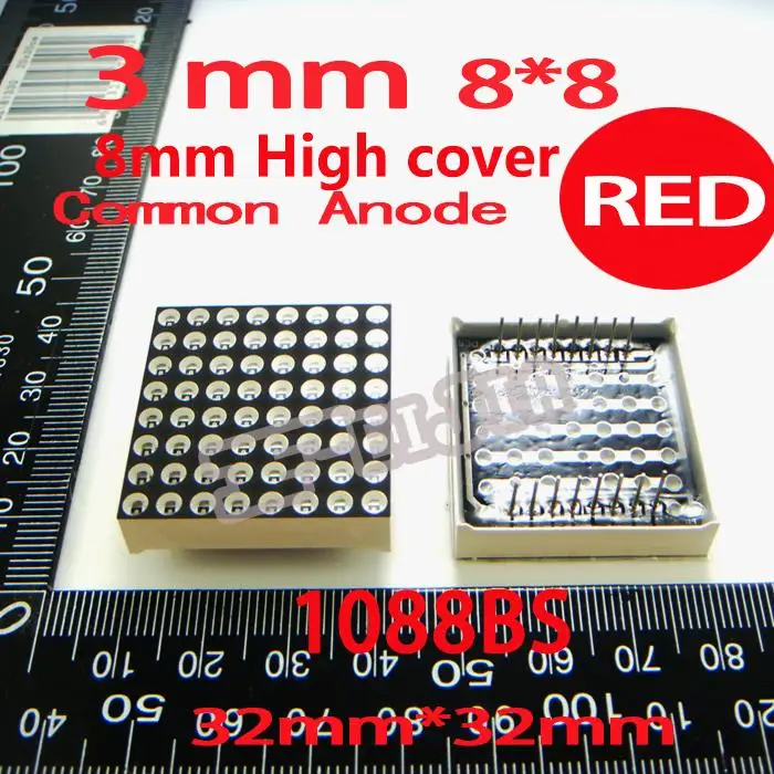 

50PCS/LOT 3MM 8X8 Red 8MM High Cover Common Anode 32*32 LED Dot Matrix Digital Tube Module 1088BS Advertising Lights