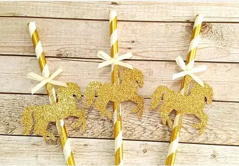glitter gold Carousel Horse birthday BABY SHOWER Baptism paper straws wedding New Year drinkware party decorations